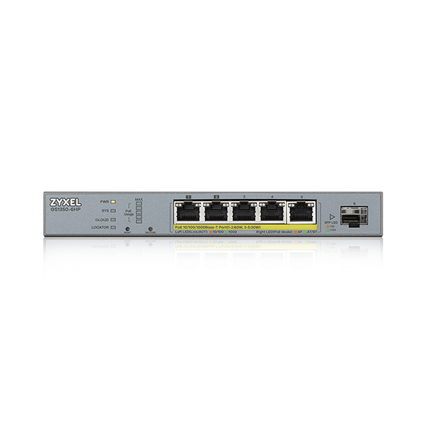 GS1350-6HP Zyxel GS1350-6HP 6-port - 5x1G + 1xSFP, Power budget 60W *Support IEEE 802.3bt *External Power Supply