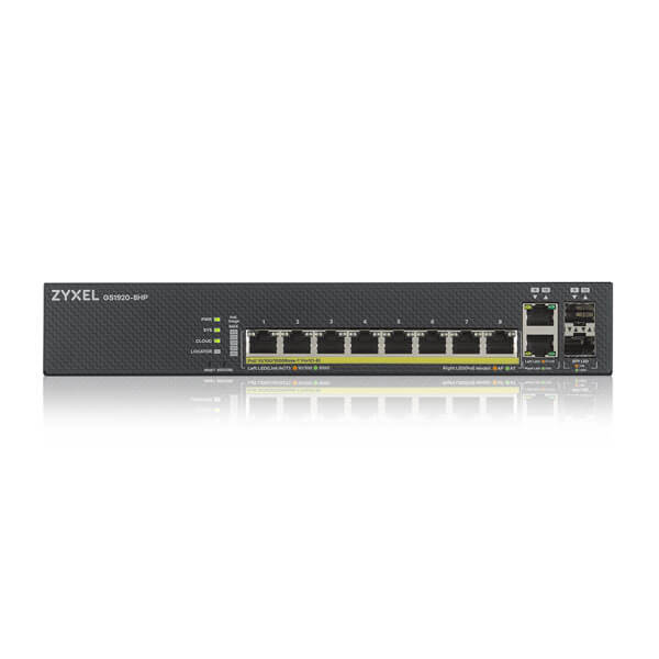 Zyxel GS1920-8HPv2 10 Port Smart Managed PoE Switch 8x1G + 2x1G Combo, 130 Watt PoE, fanless