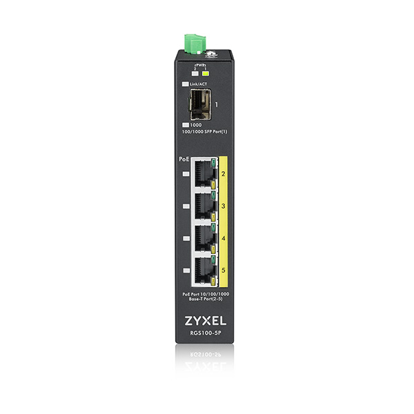 Zyxel RGS100-5P 5 Port unmanaged PoE Switch, 120 Watt PoE, DIN Rail, IP30, 12-58V DC