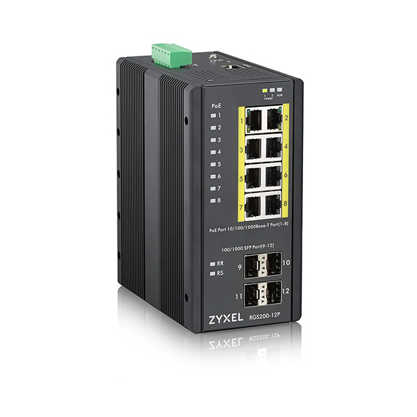 Zyxel RGS200-12P 12 Port managed PoE Switch, 240 Watt PoE, DIN Rail, IP30, 12-58V DC