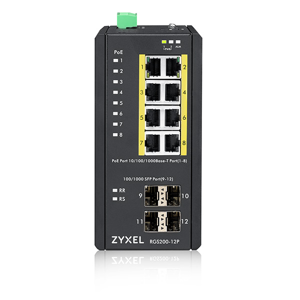 Zyxel RGS200-12P 12 Port managed PoE Switch, 240 Watt PoE, DIN Rail, IP30, 12-58V DC