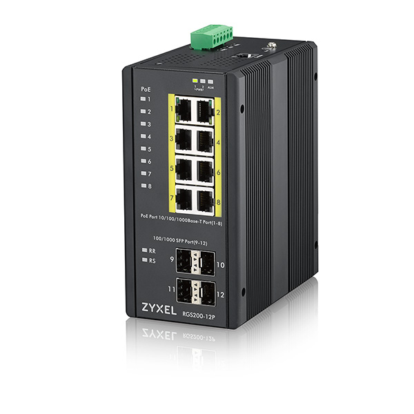 Zyxel RGS200-12P 12 Port managed PoE Switch, 240 Watt PoE, DIN Rail, IP30, 12-58V DC