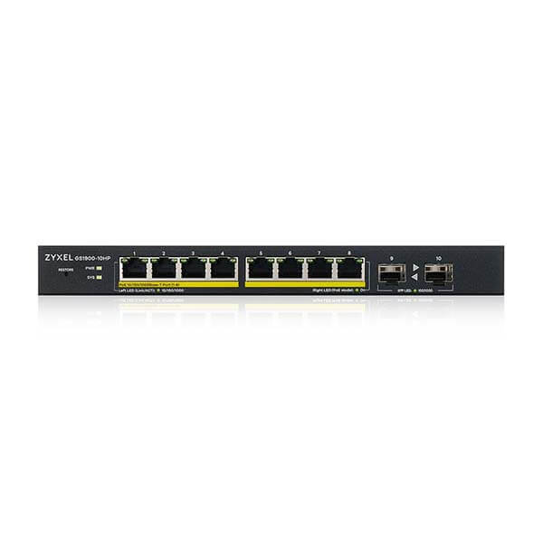 Zyxel GS1900-10HP 8-port GbE L2 PoE Smart Managed Switch + 2 SFP slots, 802.3at, desktop, fanless, 77 Watt