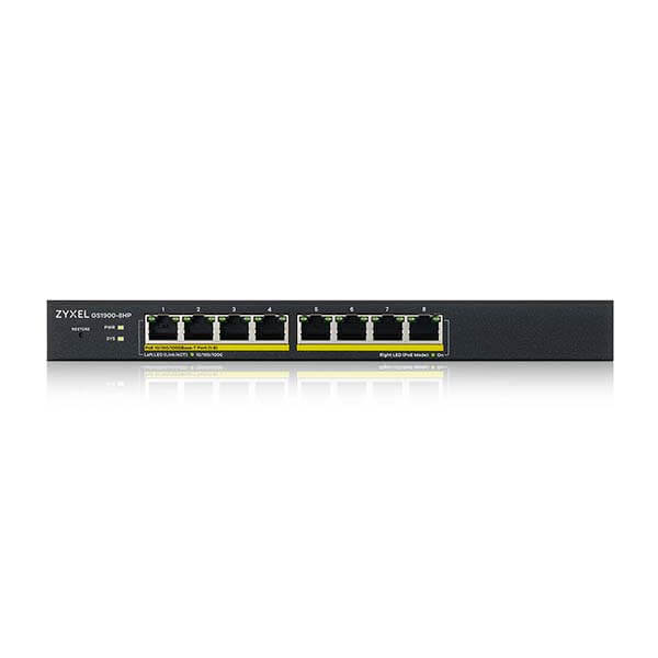 Zyxel GS1900-8HP 8-port GbE L2 PoE Smart Managed Switch, 802.3at, desktop, fanless, 77 Watt
