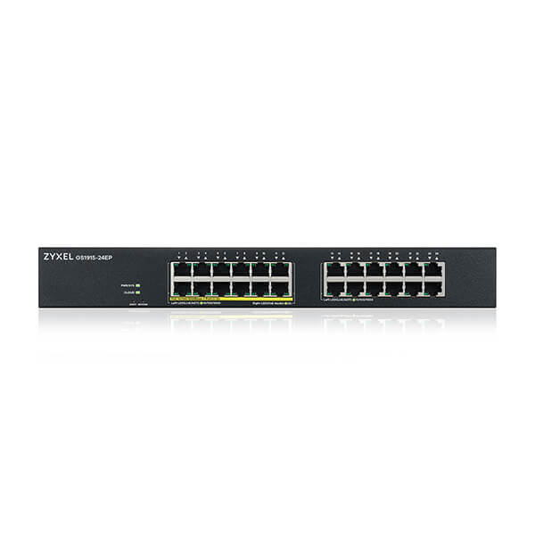 GS1915-24EP Zyxel GS1915-24EP 24-port GbE Smart Managed PoE Switch, 802.3at, rackmount, smart fan, 130 Watt (Max 12 ports)