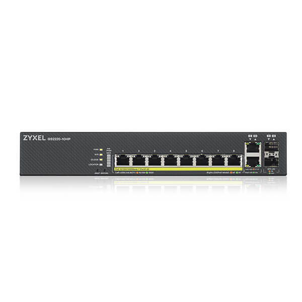 Zyxel GS2220-10HP 8 port GbE L2 PoE+ Switch with 2 combo (SFP/RJ-45) GbE Uplink, 180 Watt