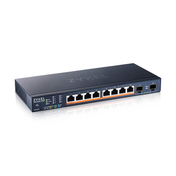 XMG1915-10EP Zyxel XMG1915-10EP 8-port 2.5GbE Smart Managed PoE Switch with 2 SFP+ Uplink, 802.3bt 130 Watt, destop, fanless (Support Static Route)