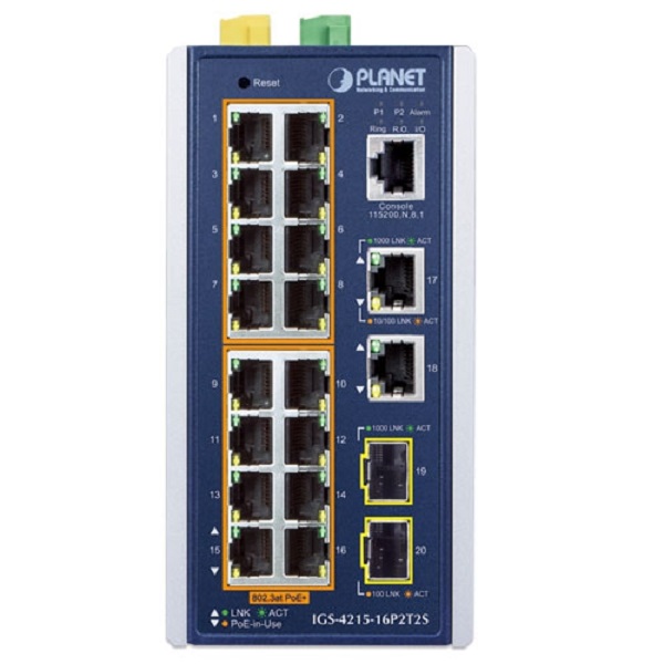 IGS-4215-16P2T2S Planet IGS-4215-16P2T2S 16 X 1G RJ45 POE 802.3AT + 2 X 1G RJ45 + 2 X 1G SFP IGS-4215 L2 INDUSTRIAL SWITCH