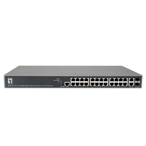 GEP-2682 Levelone GEP-2682 26-Port L3 Lite Managed Gigabit PoE Switch, 24 PoE Outputs, 370W, 2 x SFP/RJ45 Combo