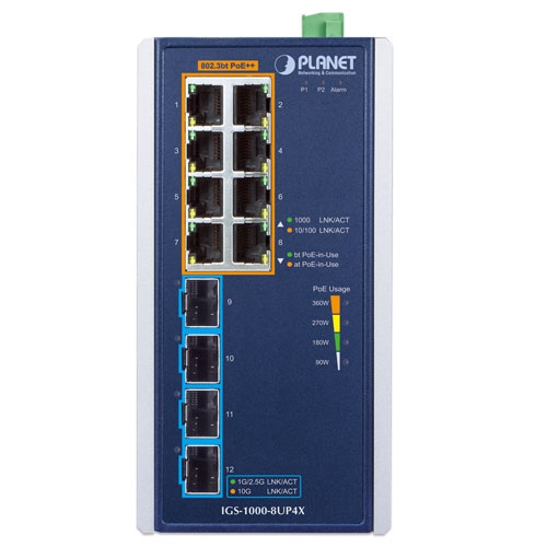box_IGS-1000-8UP4X_01 Planet IGS-1000-8UP4X 8 x GbE PoE 802.3bt + 4 x 10G SFP Industrial PoE Switch
