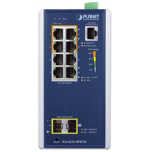 Planet IGS-4215-4P4T2S Industrial 4-Port 10/100/1000T 802.3at PoE + 4-Port 10/100/1000T + 2-Port 100/1000X SFP Managed Switch (-40~75 degrees C)
