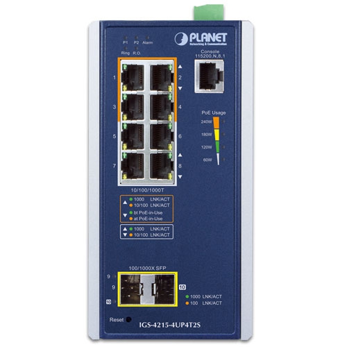 Planet IGS-4215-4UP4T2S 4 x GbE PoE 802.3bt + 4 x GbE + 2 x SFP L2 Managed Industrial PoE Switch