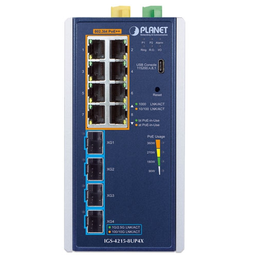 Planet IGS-4215-8UP4X 8 x GbE PoE 802.3bt + 4 x 10G SFP L2+ Managed Industrial PoE Switch
