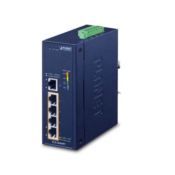 Planet IGS-504HPT Industrial 4-Port 10/100/1000T 802.3at PoE + 1-Port 10/100/1000T Gigabit Ethernet Switch