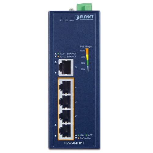 Planet IGS-504HPT Industrial 4-Port 10/100/1000T 802.3at PoE + 1-Port 10/100/1000T Gigabit Ethernet Switch