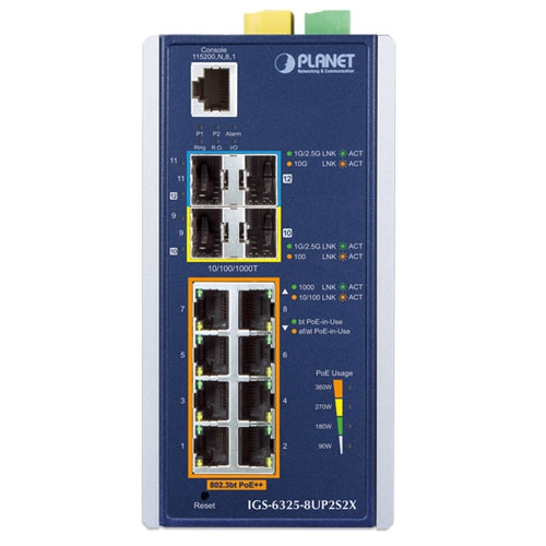 Planet IGS-6325-8UP2S2X 8 x GbE 802.3bt PoE + 2 x SFP + 2 x 10G SFP+ L3 Managed Industrial Switch