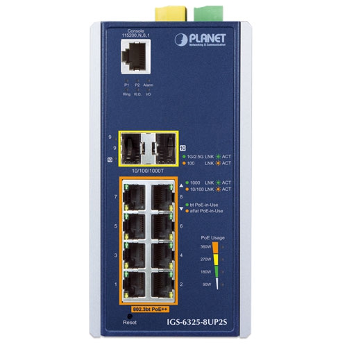 Planet IGS-6325-8UP2S 8 x GbE 802.3bt PoE + 2 x SFP L3 Managed Industrial Switch
