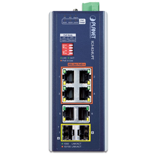 Planet IGS-824UPT 4 x GbE 802.3bt PoE + 2 x GbE + 2 x SFP Unmanaged Industrial PoE Switch