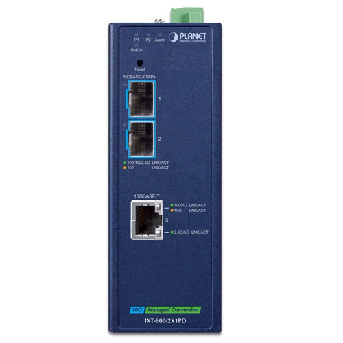 box_IXT-900-2X1PD_01 Planet IXT-900-2X1PD Dual 10GBase-X SFP to 10GBase-T PD Managed Industrial Media Converter